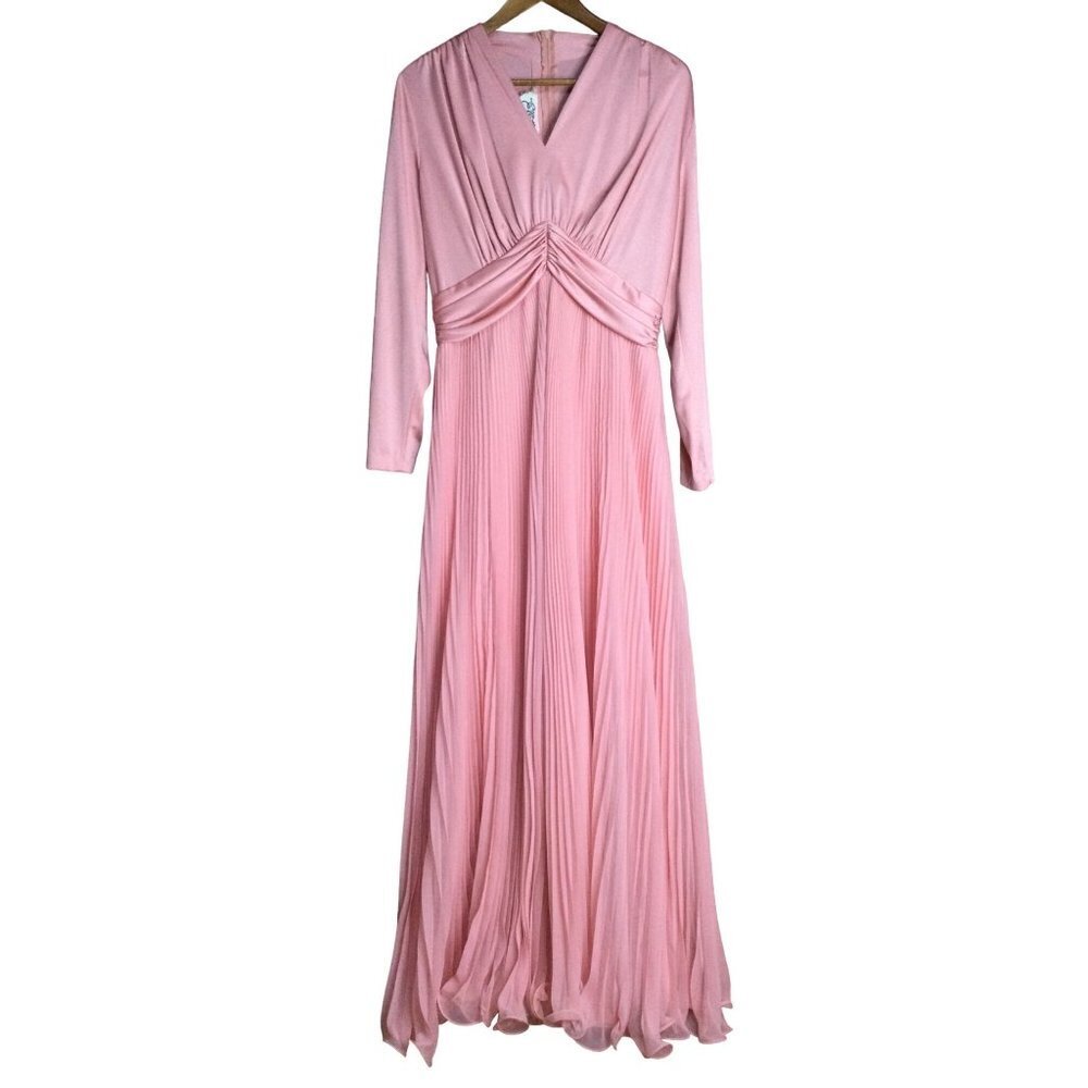 Vintage Miss Elliette Fit & Flare Maxi Dress V-Neck Pleated Chiffon Skirt SZ 10